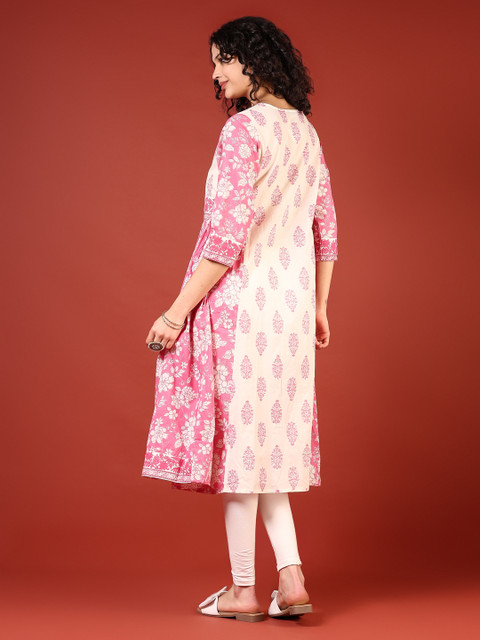 V-Mart Floral Printed Cotton Thread Work Notch Neck A-Line Kurta - Image 3