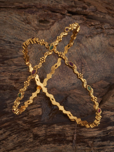 Kushal's Fashion Jewellery Ruby-Green Set Of 2 Gold-Plated Ethnic Antique Bangles
