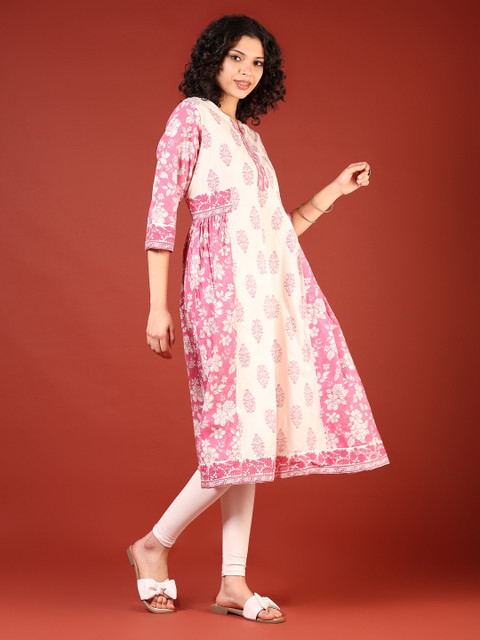 V-Mart Floral Printed Cotton Thread Work Notch Neck A-Line Kurta - Image 7