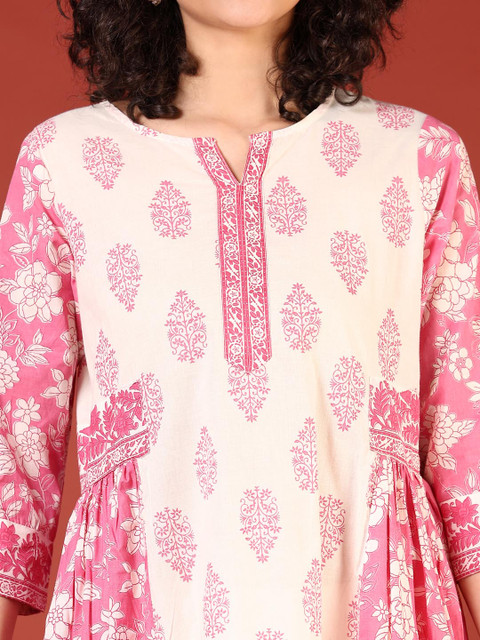 V-Mart Floral Printed Cotton Thread Work Notch Neck A-Line Kurta - Image 5