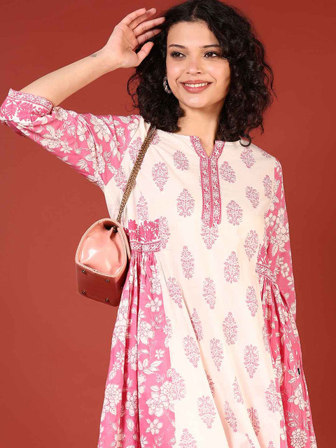 V-Mart Floral Printed Cotton Thread Work Notch Neck A-Line Kurta
