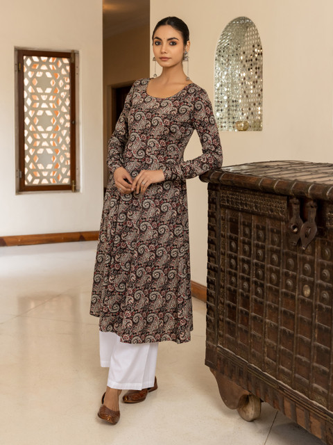 FIORRA Paisley Printed Round Neck Long Sleeves Cotton Anarkali Kurta