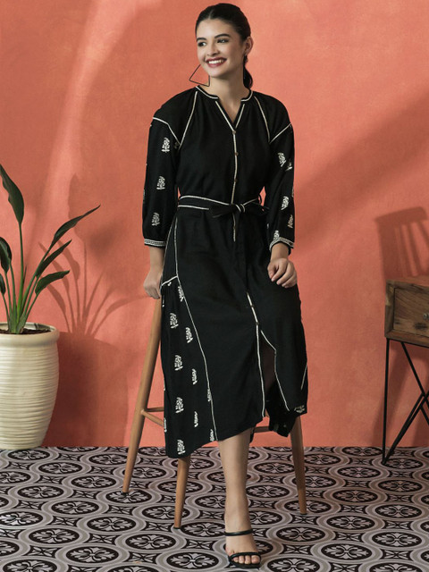 Sangria Floral Embroidered Pure Cotton A-Line Ethnic Dress