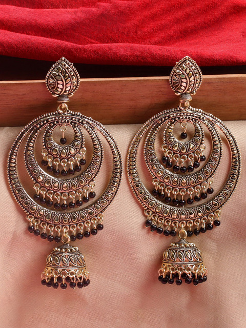 Anouk Gold Plated Artificial Stones Studded And Beaded Crescent Shaped Chandbalis