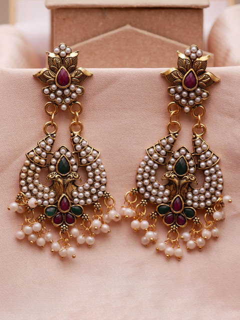 Anouk Gold Plated Artificial Stone sStudded And Beaded Contemporary Drop Earrings