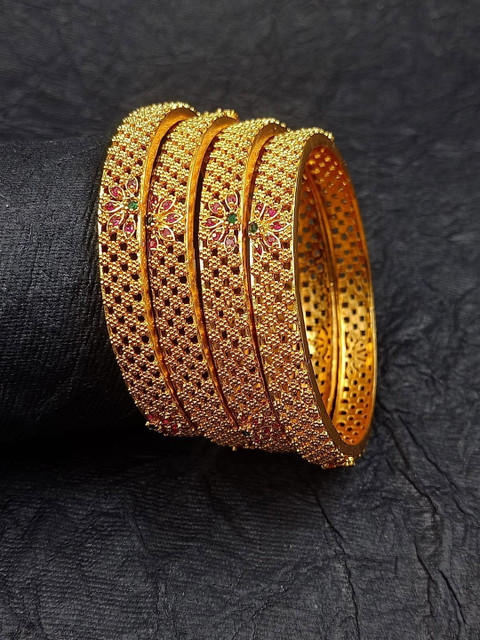 House of Pataudi Set Of 4 Gold-Plated American Diamond Studded Bangles