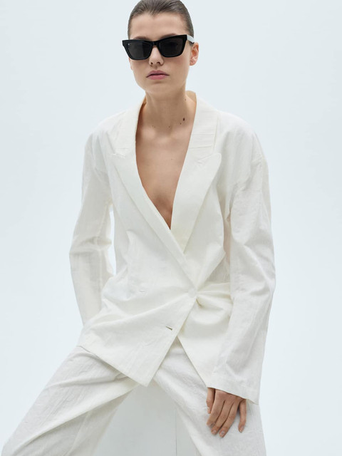 MANGO Cotton-Linen Wrinkle Effect Double-Breasted Casual Blazer