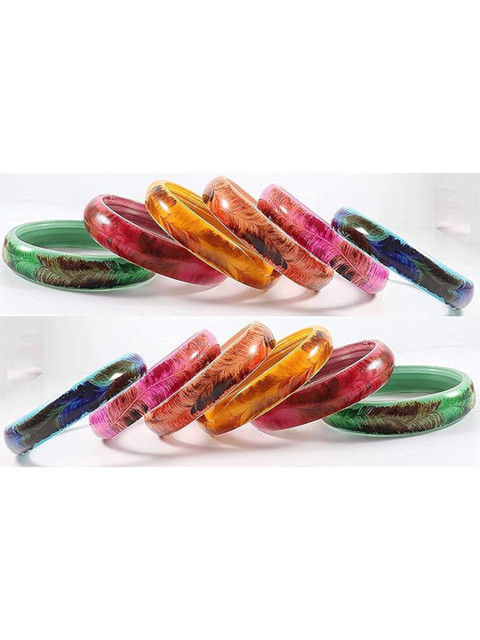 ZULKA Set Of 12 Feather Printed Glass Bangles