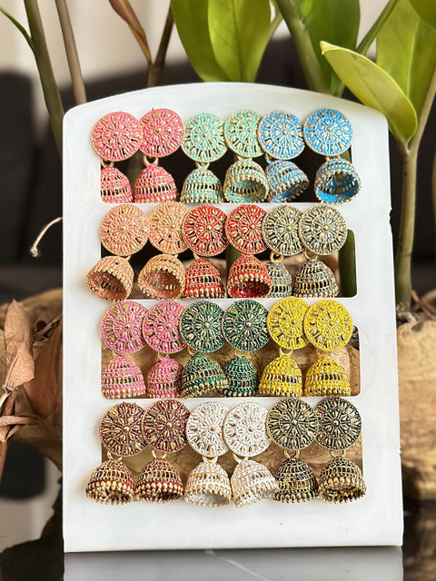 Anouk Set Of 12 Gold Plated Artificial Stones Studded And Beaded Dome Shaped Jhumkas