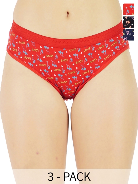 LADYLAND Pack Of 3 Printed Hipster Briefs LD0089-RED+LIGHT BLUE+BLACK-S