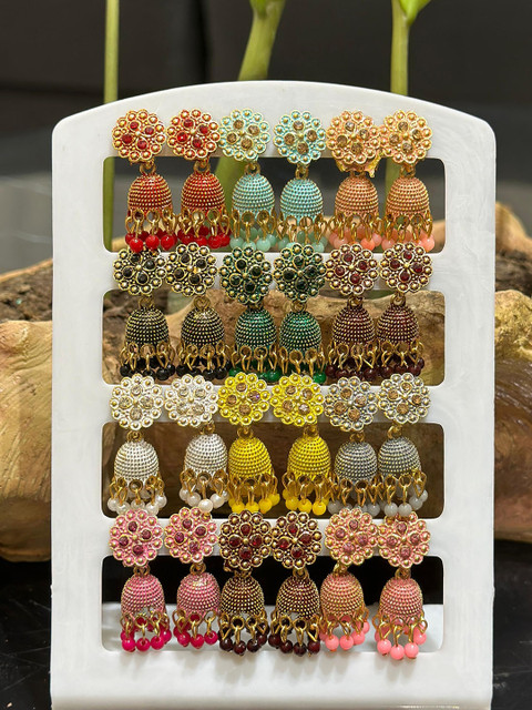 Anouk Set Of 12 Gold Plated Artificial Stones & Beads Contemporary Jhumkas Earrings