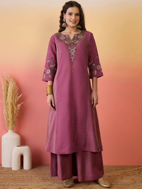 Sangria Women Embroidered Anarkali Kurta With Palazzo & Dupatta