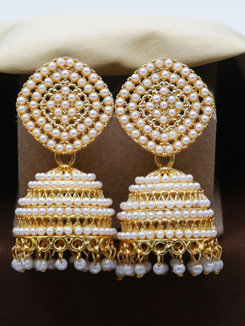Anouk Gold Plated Artificial Stones Studded And Beaded Dome Shaped Jhumkas