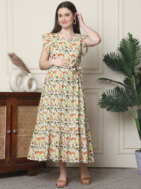 Frempy Floral Print Organic Cotton Maternity Fit & Flare Maxi Dress
