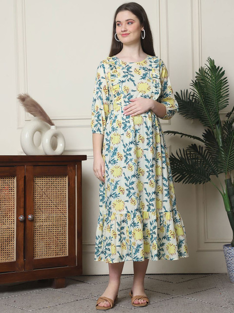 Frempy Floral Print Organic Cotton Maternity Maxi Dress