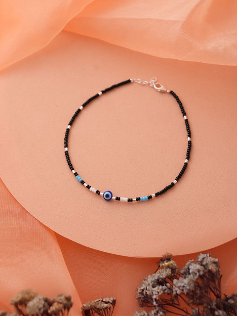 SARAF SILVERETZ 925 Sterling Silver-Plated Black Beads Evil Eye Charms Delicate Anklet
