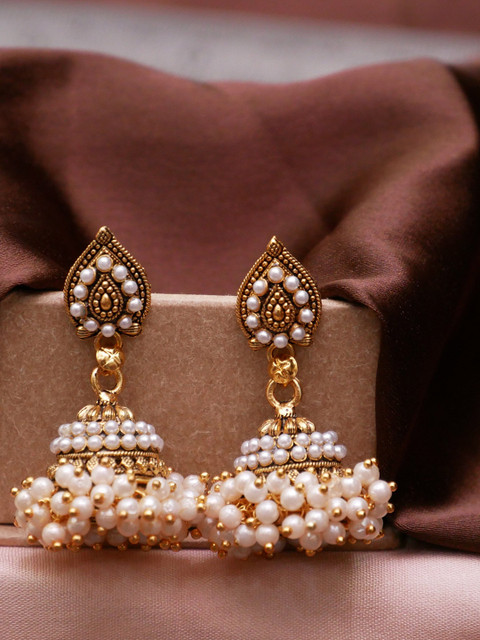 Anouk Gold Plated Artificial Stones and Beads Studded Contemporary Jhumkas Earrings