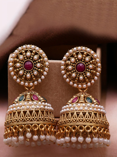 Anouk Gold Plated Artificial Stones Studded And Beaded Dome Shaped Jhumkas
