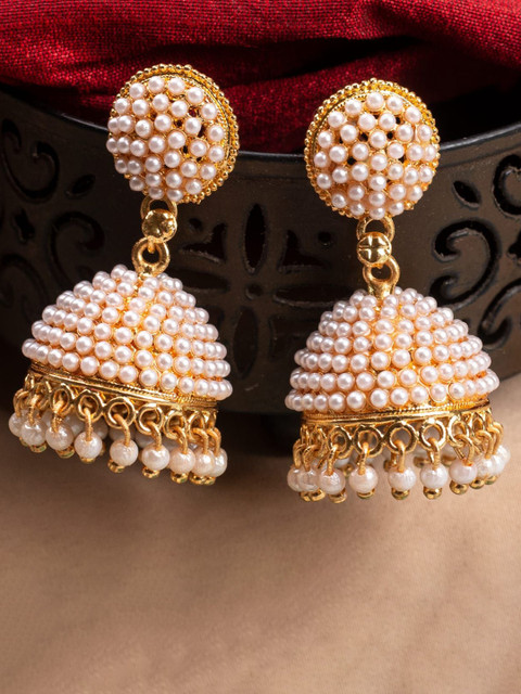 Anouk Gold Plated Artificial Stones Studded And Beaded Dome Shaped Jhumkas