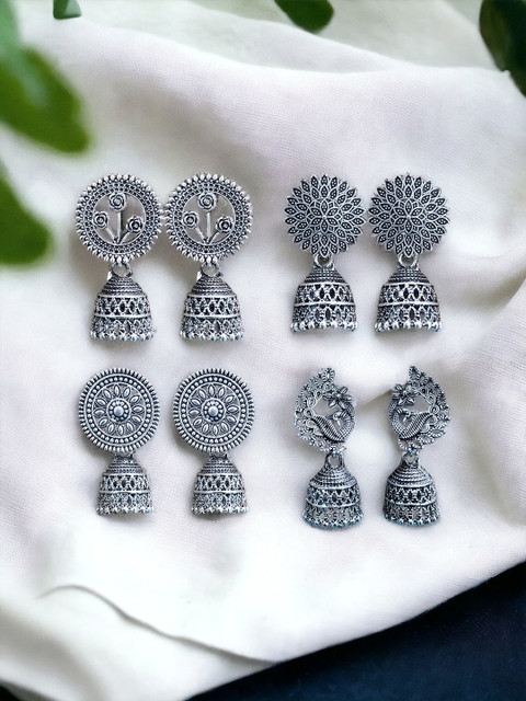 Anouk Set Of 4 Silver Plated Artificial Stones Studded And Beaded Dome Shaped Jhumkas