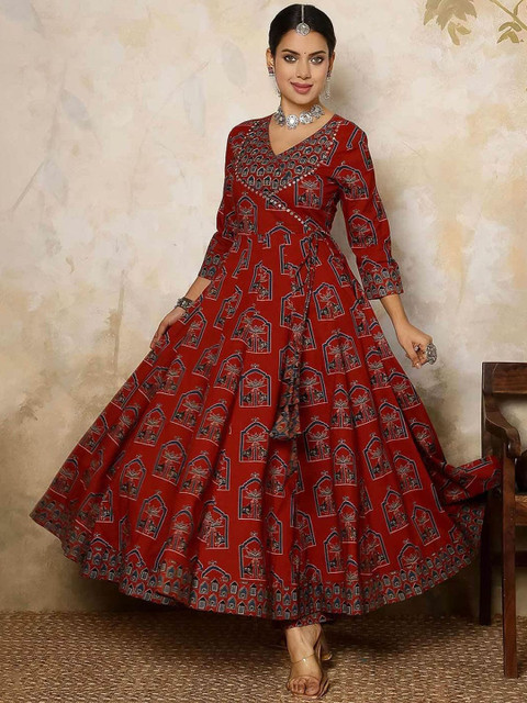 PARTHVI Women Floral Printed Regular Thread Work Pure Cotton Kurta with Trousers & With Dupatta