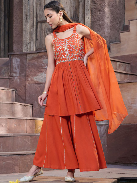 Stylum Women Embroidered Empire Mirror Work Kurti with Sharara & With Dupatta