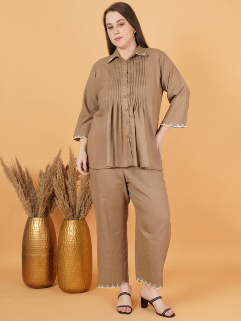 indietoga Women's Plus Size Embroidered Pure Cotton Solid Co-Ord Set