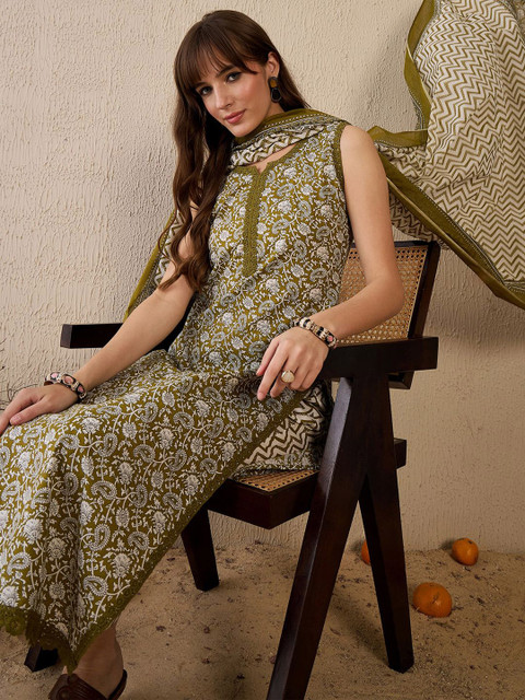 Indo Era Women Ethnic Motifs Printed Regular Pure Cotton Kurta with Trousers & With Dupatta