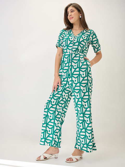 Globus V-Neck Ruched Sleeves Abstract Print Longline Jumpsuit