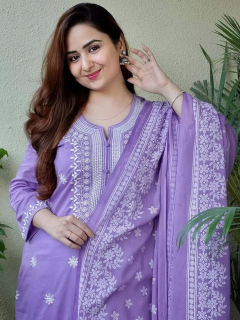 HERE&NOW Women Floral Printed Regular Kurta with Trousers & With Dupatta - Image 6