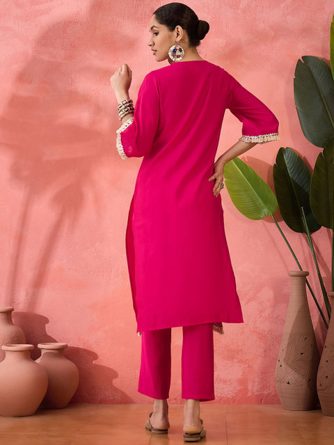 Sangria Embroidered Straight Kurta, Trousers With Bag - Image 5