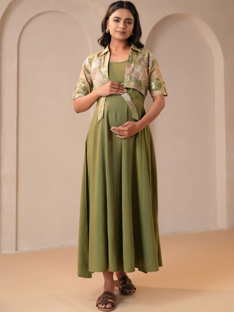 anayna Printed Fit & Flared Maternity Ethnic Dresses With Jacket