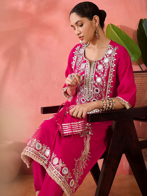 Sangria Embroidered Straight Kurta, Trousers With Bag - Image 7