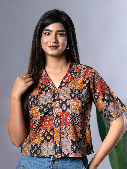 The Roadster Lifestyle Co Ethnic Printed Cuban Collar Pure Cotton Shirt Style Top