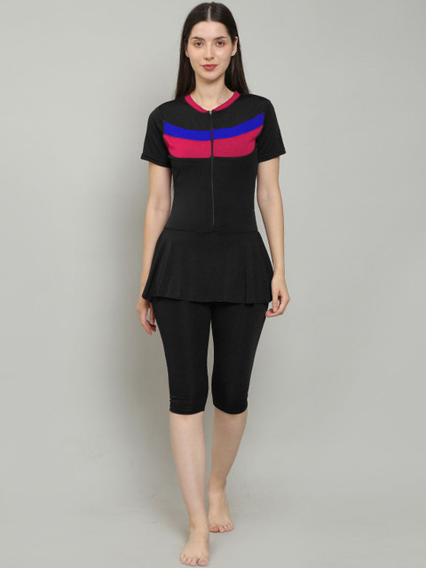 MEGASKA ColorBlock Knee Length One Piece Removable Chest Pads Swimming Dress