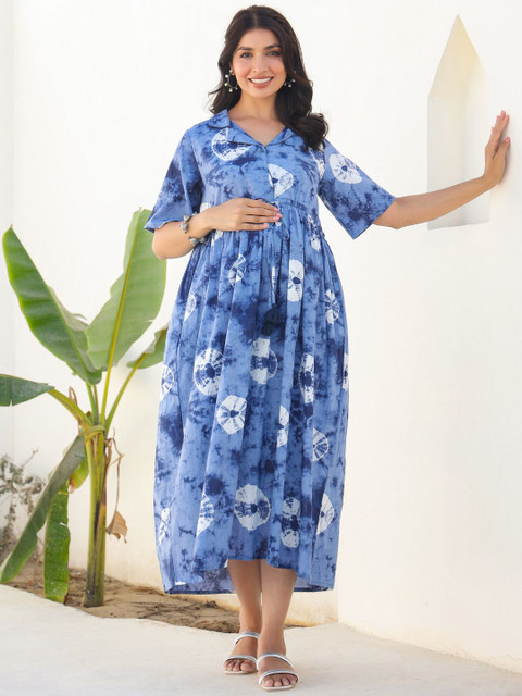Janasya Women's Blue Pure Cotton Tie & Dye Gathered Maternity Dress