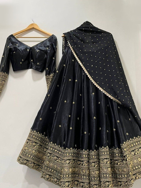 Kedar Fab Embroidered Thread Work Semi-Stitched Lehenga & Unstitched Blouse With Dupatta