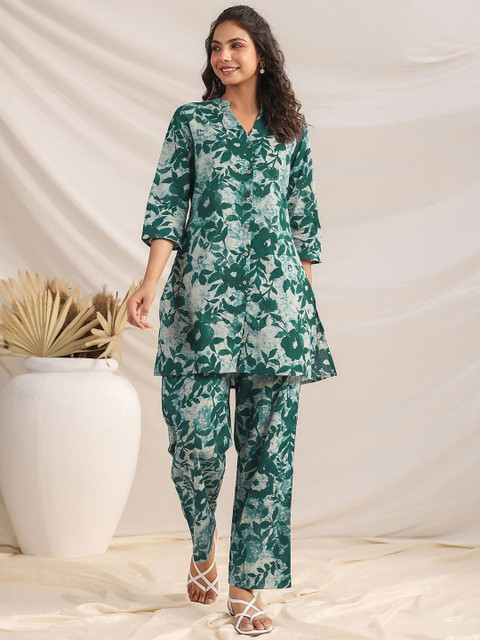 Janasya Women's Green Pure Cotton Floral Printed A-Line Co-Ord Set