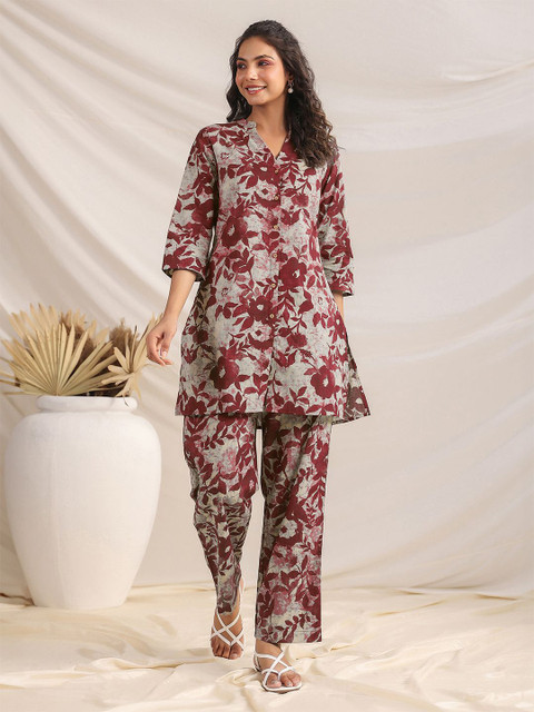 Janasya Women's Maroon Pure Cotton Floral Printed Straight Co-ord Set