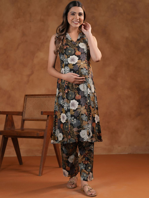 anayna Women Floral Printed Regular Kurta with Trousers