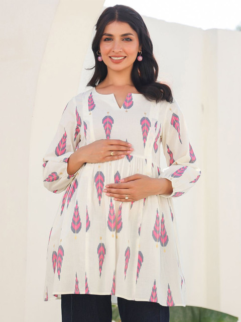 Janasya Women's Off White Pure Cotton Ikkat Printed A-line Maternity Tunic