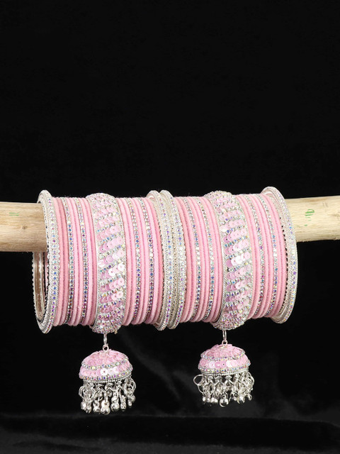 ZULKA Set Of 38 Silver-Plated Cubic Zirconia-Studded Bell Latkan Chuda Bangles