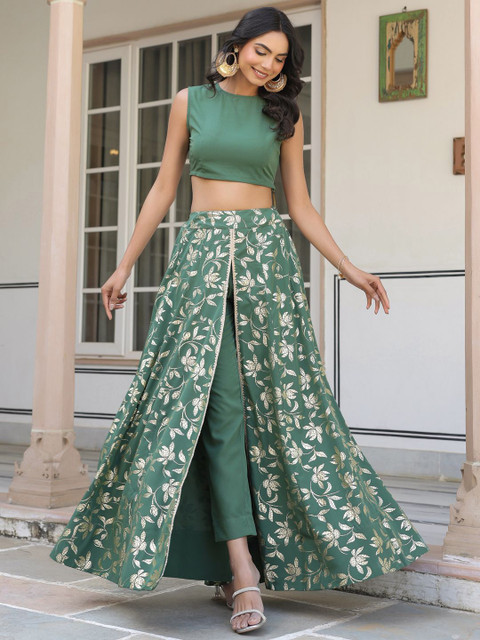 Janasya Women's Olive Green Crepe Solid Lehenga Choli With Pant