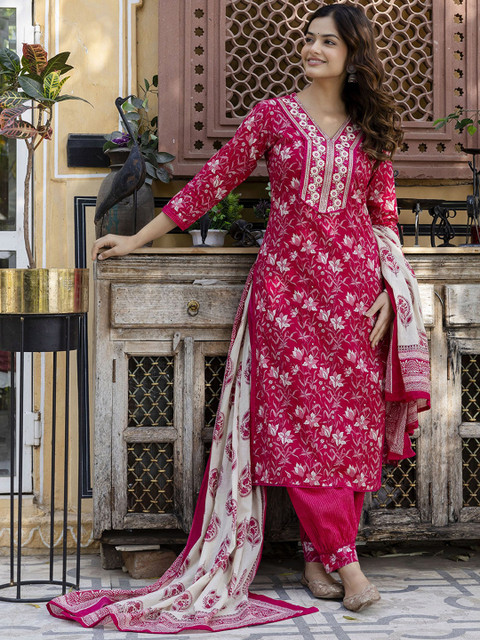 Anouk Women Floral Embroidered Regular Pure Cotton Kurta with Patiala & With Dupatta