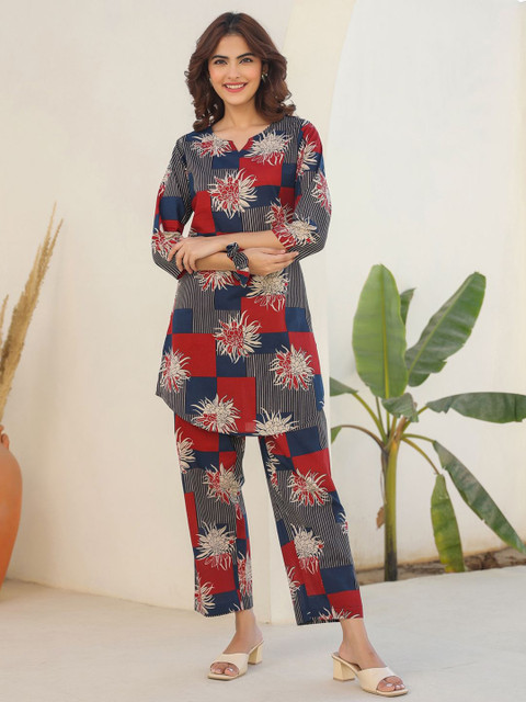 Janasya Women Navy Blue Pure Cotton Geometric Printed Straight Co-ord Set