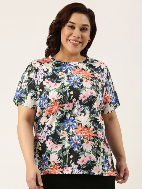 MARCA Bold Women Plus Size Floral Printed Round Neck T-shirt