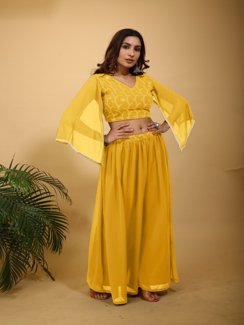 SANCIA Floral Embroidered V-Neck Flared Sleeves Sequinned Georgette Crop Top With Palazzos