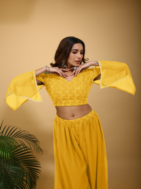 SANCIA Floral Embroidered V-Neck Flared Sleeves Sequinned Georgette Crop Top With Palazzos - Image 6