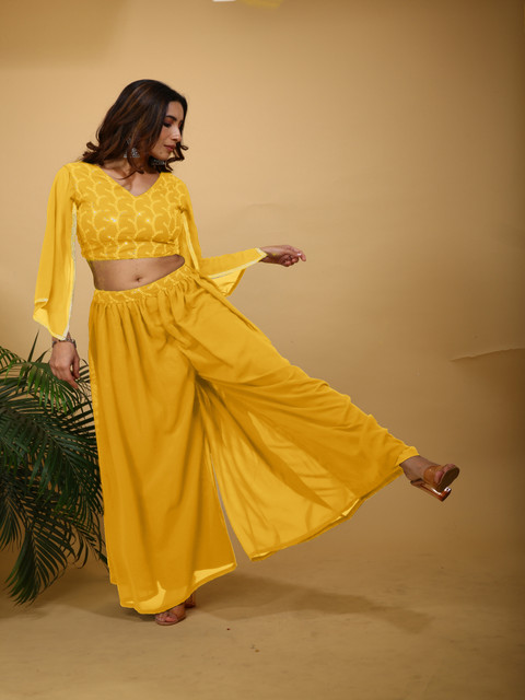 SANCIA Floral Embroidered V-Neck Flared Sleeves Sequinned Georgette Crop Top With Palazzos - Image 3
