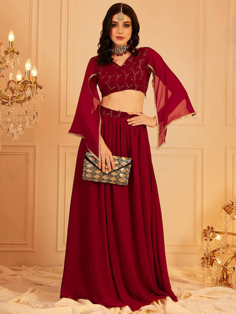 SANCIA Embellished V-Neck Flared Sleeves Crop Top With Palazzos